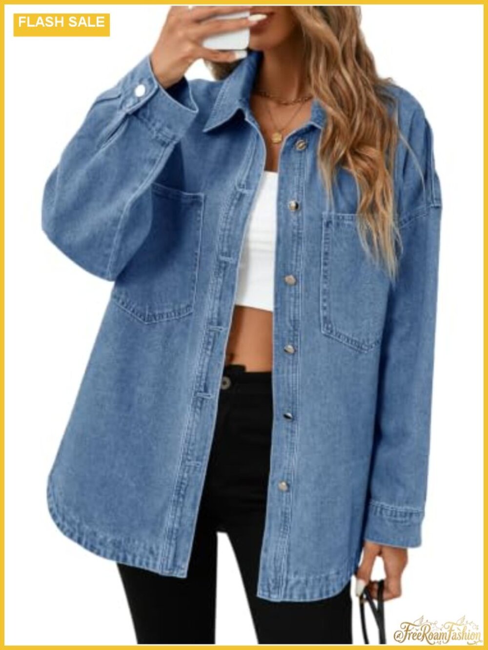Oversized Denim Shacket Button Down Long Sleeve Cotton Casual